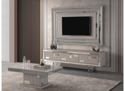 Luxus Wohnwand TV Ständer Wandpanel Couchtisch RTV Lowboard 3tlg Weiß