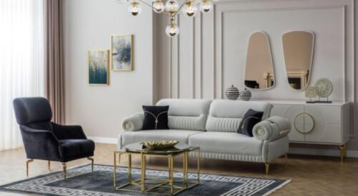 Gruppe Sofas Dreisitzer Sessel Couch Polstersofa Stoffsofa Blau 2tlg