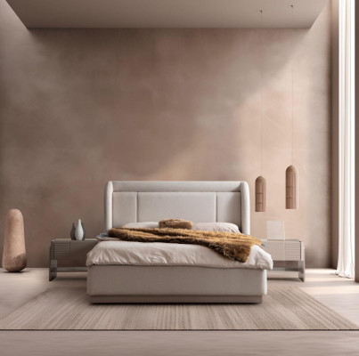 Designer Beiges Schlafzimmer Set Bett 2x Nachttische Kleiderschrank 5tlg