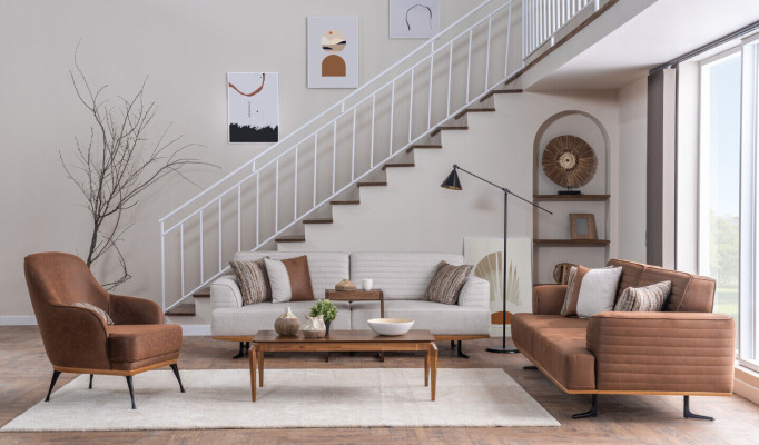 Luxuriöses Grau-Braun Wohnzimmer Set zwei Dreisitzer-Sofas und zwei Sesseln