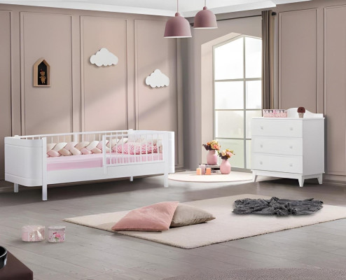 Modern Jugendzimmer Kinderzimmer Weiß Set luxuriöse Bett Kleiderschrank Kommode