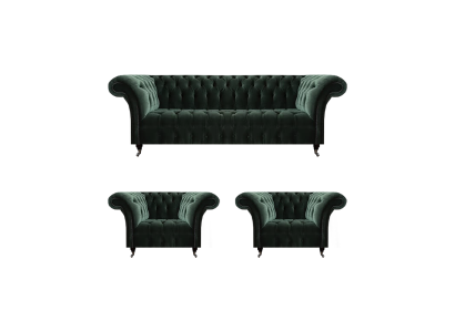 Wohnzimmer Luxus Komplett Schwarz Sofa Dreisitzer Textil 2x Sessel Chesterfield