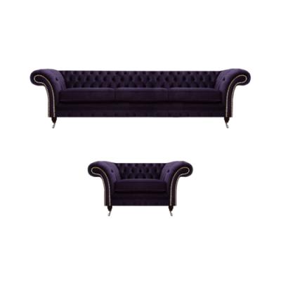 Komplett Set 2tlg Dreisitzer Sofa Chesterfield Lila Sessel Wohnzimmer Neu