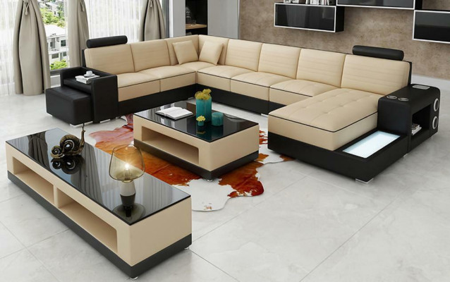 Ecksofa U-Form Sideboard Couchtisch Couch Design Schwarz Polster Leder Modern