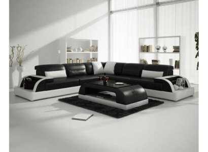 Ecksofa L-Form + Couchtisch Sofa Couch Design Grau Polster Leder