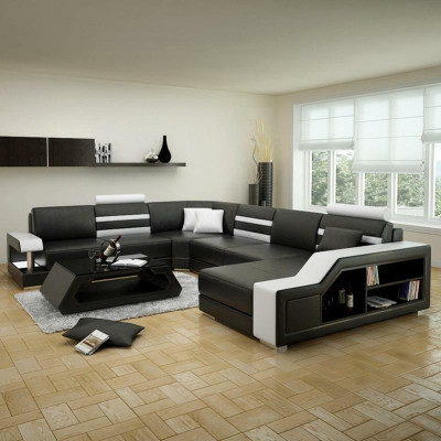 Ecksofa Wohnlandschaft U Form Sofa - Ledersofa Garnitur mit Regal Leder