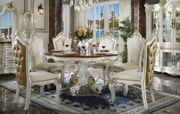 Klassische Weiß-Braune Esszimmer Garnitur Runder Holz Esstisch mit Chesterfield Stühlen 5tlg. Set