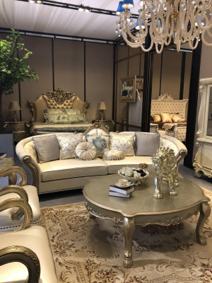Rund Sofa Holz geschnitzte Viersitzer Couch Leder Chesterfield Wohn