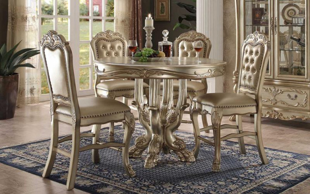 Klassischer Goldener Rund Esstisch Tisch Esszimmer Chesterfield x4 Stühle 5tlg. Garnitur 