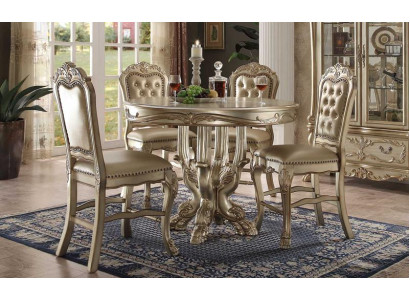 Klassischer Goldener Rund Esstisch Tisch Esszimmer Chesterfield x4 Stühle 5tlg. Garnitur 
