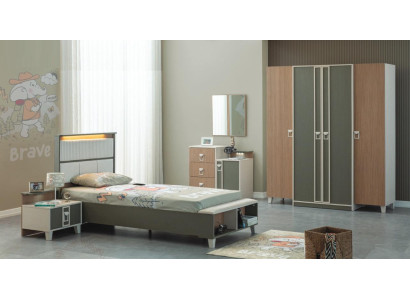 Moderne Komplette Kindermöbel Kinderbett Grau Holz Set 5tlg Nachttisch