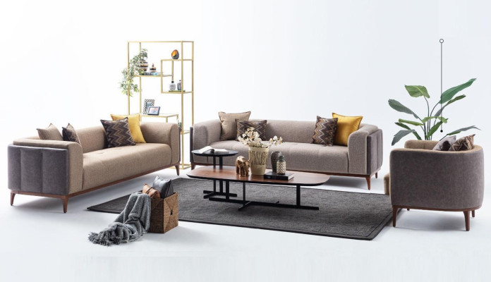 Garnitur Dreisitzer Viersitzer Sessel Sofa Stoff Beige Stoffsofa Set 4+3+1