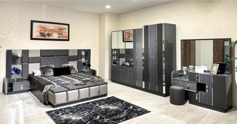 Luxus Grau Komplettes Schlafzimmer Doppelbett 2x Nachttische Kleiderschrank