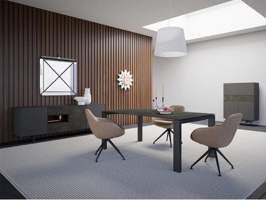 Designer Ess Zimmer Esstisch Set Stühle Metall Textill Essgruppe Schrank