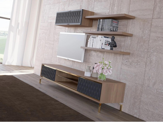 Komplett Wohnwand Wandschrank Holzmöbel Modern Set 5tlg 3x Wandregale Neu