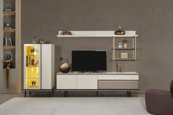 Weißes Wohnzimmer Set Designer TV-Ständer Luxus LED Vitrine Holz Regal