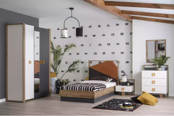 Garnitur Bett Schlafzimmer Kinderzimmer Set Möbel Grau 5tlg Holz Neu