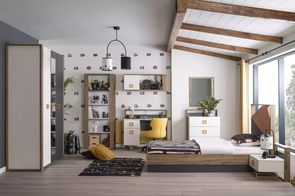 Kinderzimmer Garnitur Bettrahmen Bett Set Schreibtisch Grau 5tlg Holz