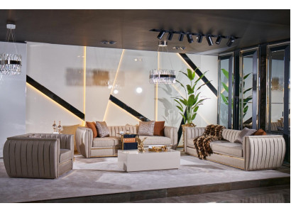 Luxus Beige Set Sofagarnitur 3+3+1 Sitzer Couchtisch Sofa Sessel Sofas 5tlg