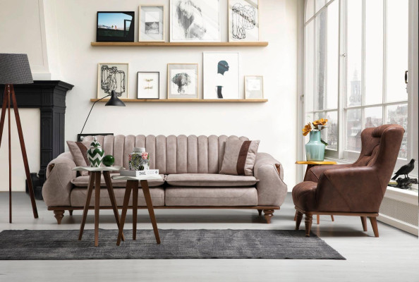 Beige Dreisitzer Chesterfield Couch Polster Möbel Textil Couchen Stoff