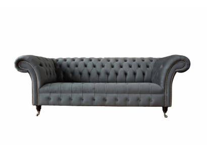 Englische Chesterfield Sofa Couch Büro Möbel Dreisitz Samt 230cm Grau