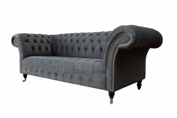 Englische Chesterfield Sofa Couch Büro Möbel Dreisitz Samt 230cm Grau