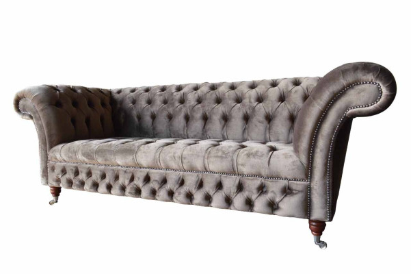 Englische Chesterfield Sofa Couch Büro Möbel Dreisitz Samt 230cm Taupe