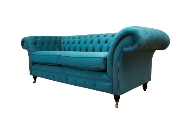 Chesterfield Dreisitzer Blau Stoff Wohnzimmer Design Polster Sofa