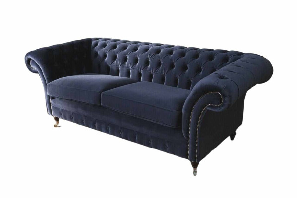 Klassich Chesterfield Wohnzimmer Samt Couch Blau 3 Sitzer Textil Sofas