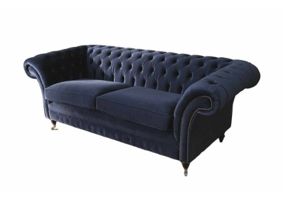 Klassich Chesterfield Wohnzimmer Samt Couch Blau 3 Sitzer Textil Sofas