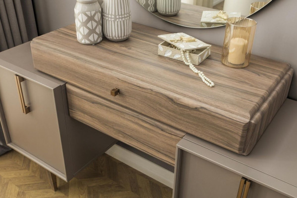 Schminktisch Konsolentisch Puff Frisiertisch Holz Grau Spiegel Set