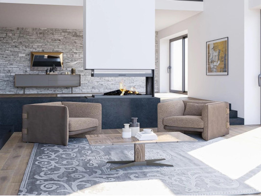 2x Luxus Sessel Wohnzimmer Holz Couchtisch Modern Möbel Textil Polstersessel