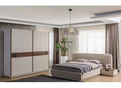 Großes Beiges Textil Doppelbett Holz Kleiderschrank Moderne Nachttische