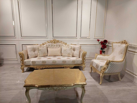 Sofagarnitur Sofa 3+1 Sitzer Sessel Tisch geschnitzten Beinen Couchtisch