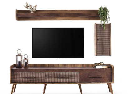 Garnitur Wohnzimmer TV Ständer Wandschrank Braun Holz RTV Lowboard