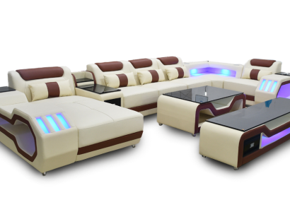 Wohnzimmer set Ecksofa U-Form beige Couchtisch TV Ständer Polster Beleuchtet