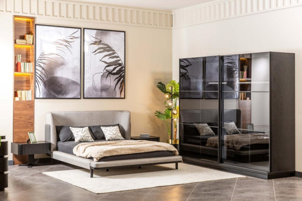 Modernes Schlafzimmer Set Designer Doppelbett x2 Nachttische Glasschrank