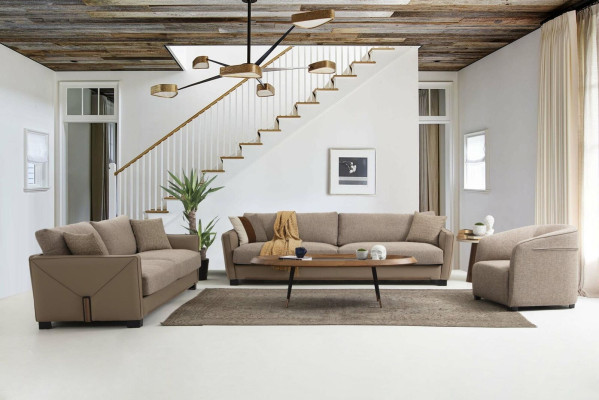 Modern Sofagarnitur Set 331 Sitzer Sessel Dreisitzer Modern Stoff Beige Set 3tlg
