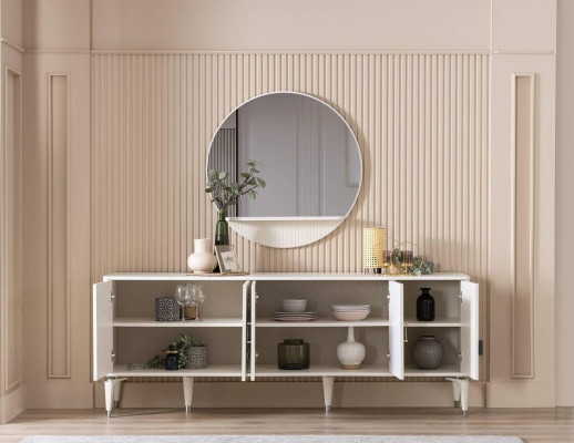 Sideboard Anrichte mit Spiegel Gruppe Kommode Holz Weiß Esszimmer