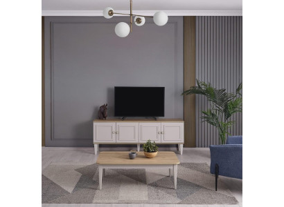 Garnitur Wohnzimmer TV Ständer Couchtisch Holz Grau RTV Lowboard Set