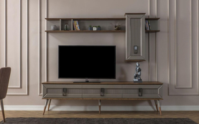 Designer Wohnzimmer Garnitur TV-Ständer Holz Regale Couchtisch RTV Neu