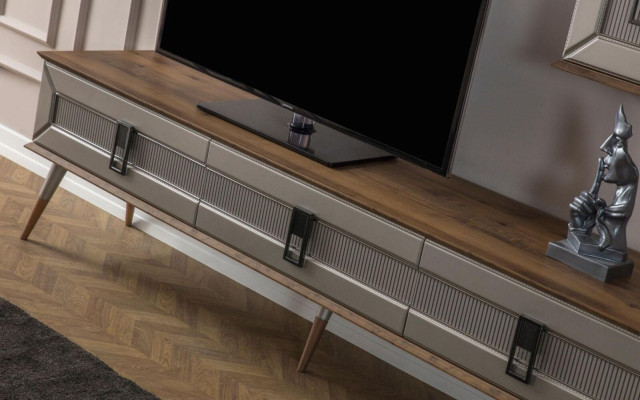Designer Wohnzimmer Garnitur TV-Ständer Holz Regale Couchtisch RTV Neu