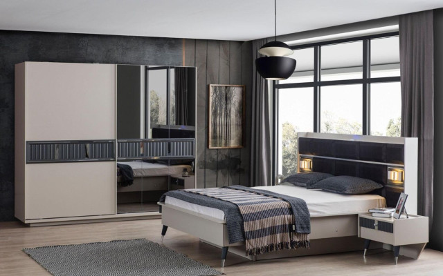 Grau-weiße Schlafzimmer Garnitur Doppelbett 2x Nachttische 3tlg Set