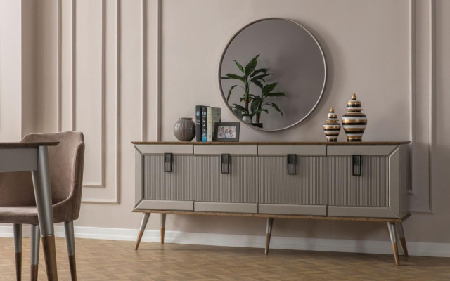  Robuste Anrichte Designer Sideboard Luxuriöser Rundspiegel Schrank 2tlg