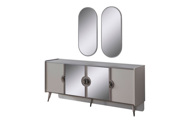 Graue Möbel Garnitur Designer 4-türiges Sideboard Exklusive Spiegel 3tlg