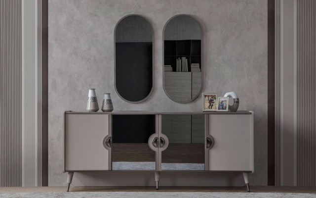 Graue Möbel Garnitur Designer 4-türiges Sideboard Exklusive Spiegel 3tlg