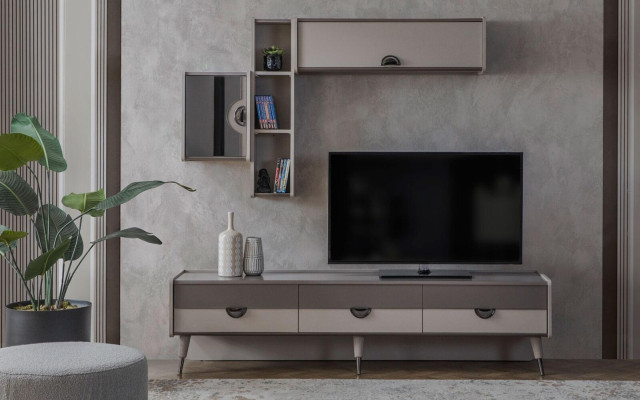 Beiges Wohnzimmer Sideboard Robuster TV-Ständer Lowboard Luxus Regale