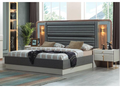 Graue Betten Designer Schlafzimmer Doppelbett 2x Holz Nachttische 3tlg