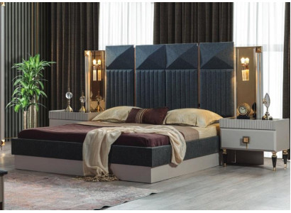 Moderne Schlafzimmer Möbel Designer Graues Bett 2x Holz Nachttische 3tlg