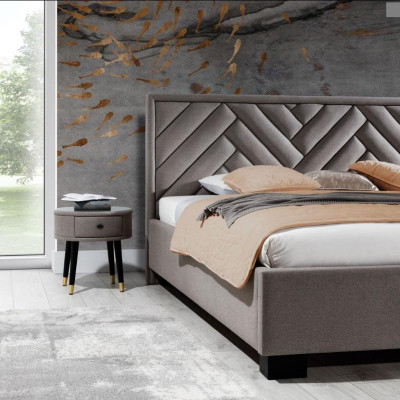 Schlafzimmer Set Grau Bett Holz 2x Nachttische Elegantes Modern Schön Neu 3tlg.
